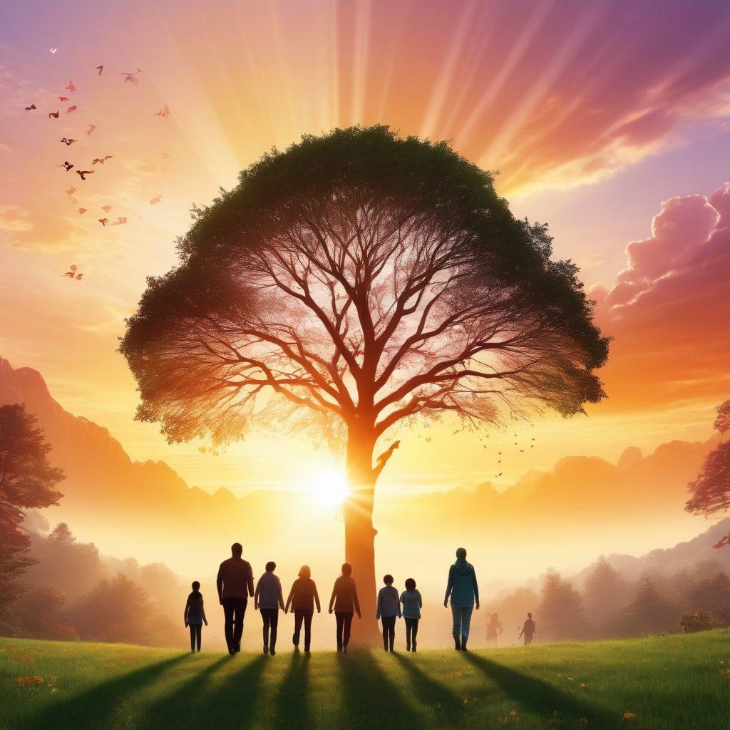 A serene scene depicting a diverse group of people engaging in outdoor activities, symbolizing empowerment and health. Include elements of nature like trees and sunlight to convey hope, alongside subtle hints of medical symbols to represent oncology. Show a vibrant sunrise in the background to signify a healthier future ahead. super-realistic. vibrant colors. inspirational atmosphere.