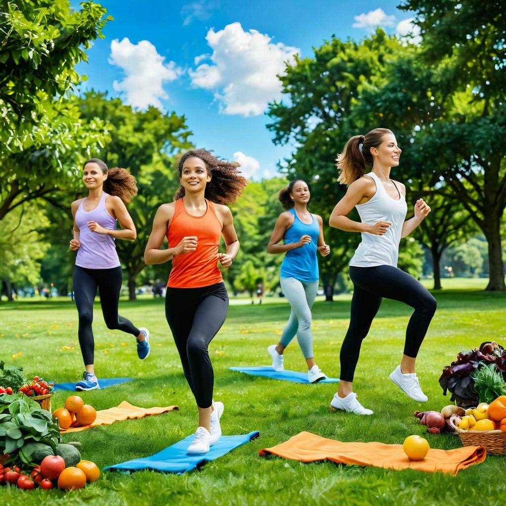 A vibrant composition featuring diverse individuals engaging in healthy activities: a woman jogging in a park, a man cooking a colorful plant-based meal, and a family doing yoga together in a bright, open space. Surround these scenes with symbolic icons of cancer prevention, like fruits, vegetables, and exercise equipment, to illustrate wellness. The background should include a clear blue sky and greenery to exude positivity and vitality. super-realistic. vibrant colors. white background.